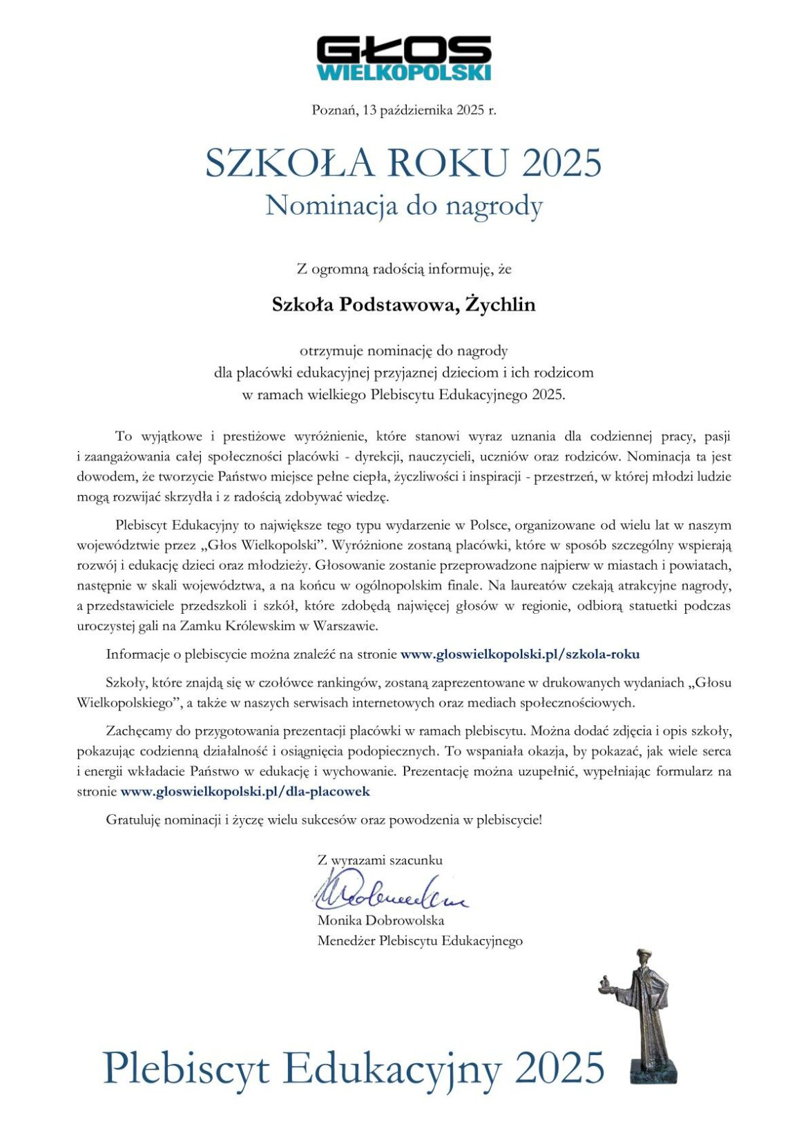 Nominacja w plebiscycie „Szkoła Roku”