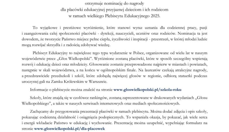 Nominacja w plebiscycie "Szkoła Roku"